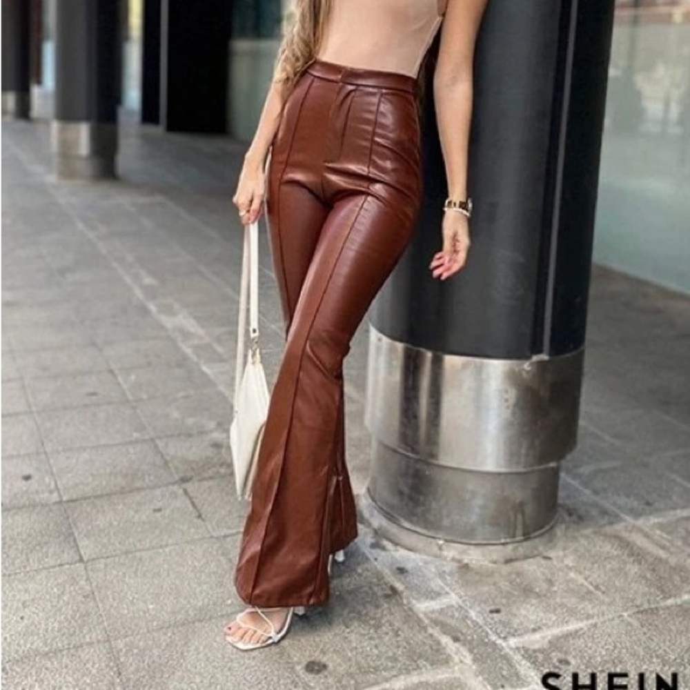 SHEIN BAE Seamβ Front Flare Leg Chocolate Brown PU (Faux) Leather Pants, Size XS